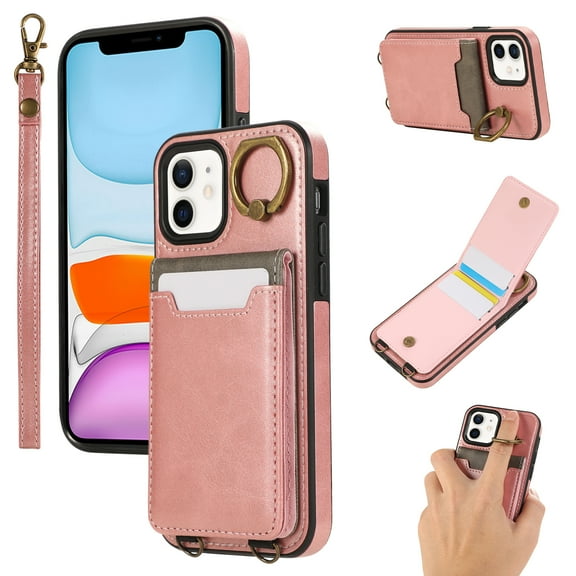Wallet Back Case for iPhone 11 with Wrist Strap, Stylish Magnetic Card Holder Finger Ring Kickstand PU Leather Lanyard Shockproof Slim Phone Case Cover for iPhone 11, Pink
