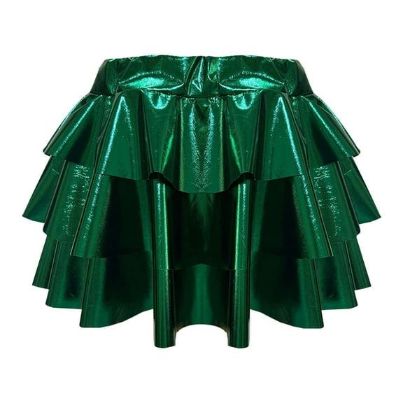 FAOWME Child Dance Dress Gold Foil Shiny Layered Tutu Skirt Pleated Puffed Performance Short Skirt Green S