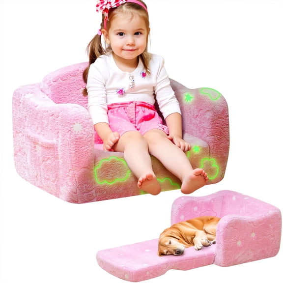 baxluxe Toddler Chair 2 in 1 Convertible Glow in the Dark Dinosaur Flip Out Sofa Bed Plush Kids Armchair Portable Fold-Out Lounge Couch