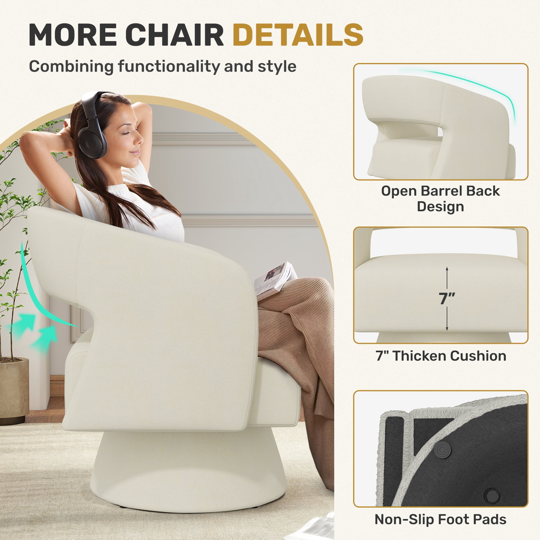 MOONMISS Oversized Chenille Swivel Barrel Accent Chair,Modern Comfy Round Arm Upholstered Armchair for Living Room,Beige