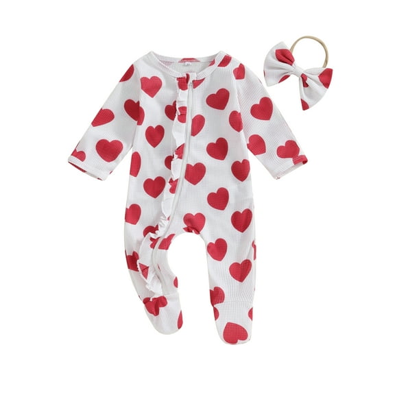 Jxzom Valentines Day Baby Girl Outfit Newborn 3 6 Months Heart Print Long Sleeve Zipped Footies Jumpsuit Headband
