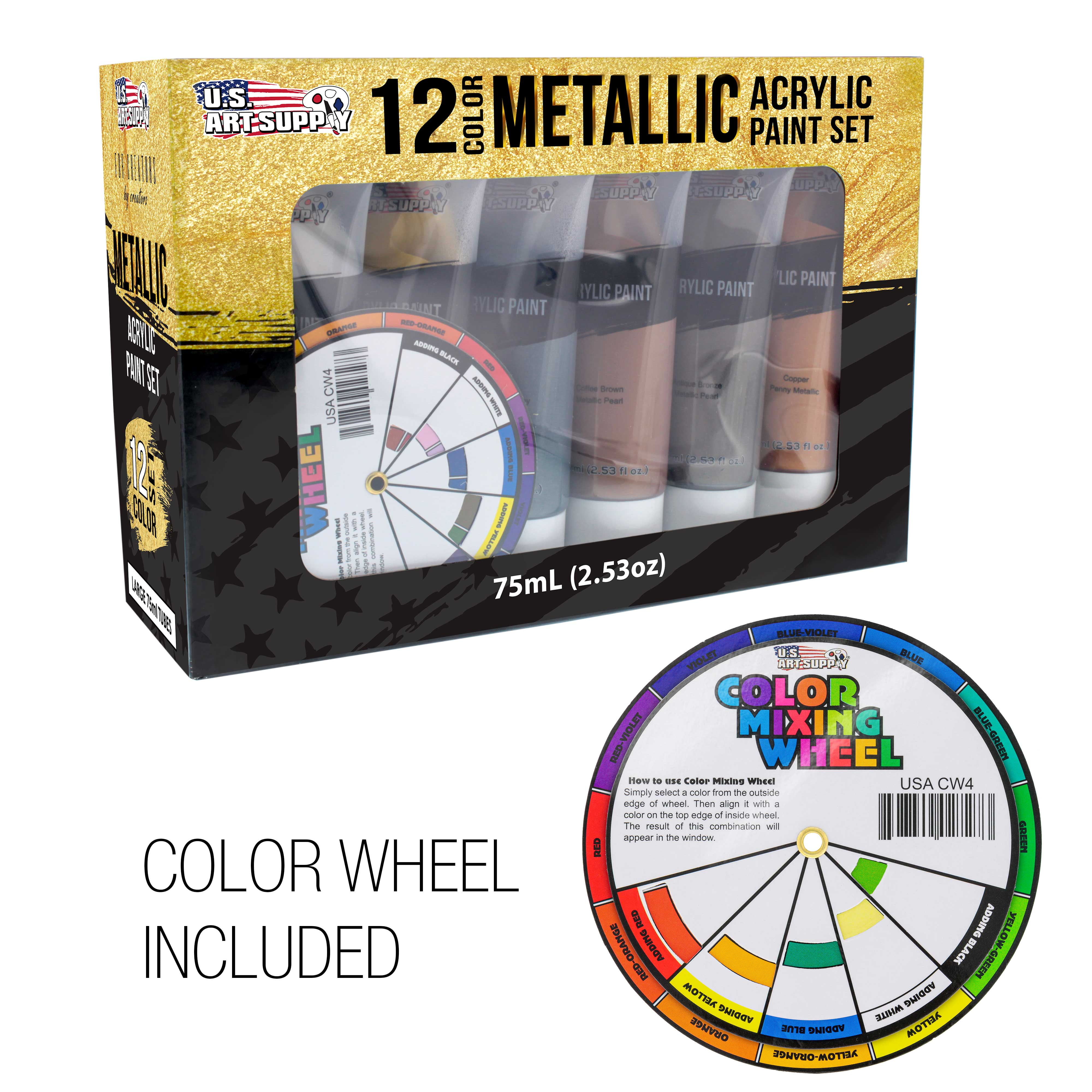 U.S. Art Supply Professional 12 Color Set of Metallic Acrylic Paint, Large 75ml Tubes - Rich Vivid Pearl Colors for Artists, Students - Canvas, Portrait Paintings, Wood - Color Mixing Wheel