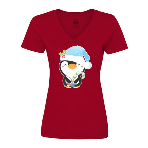 Inktastic Cute Christmas Penguin in Blue Hat Women's V-Neck T-Shirt