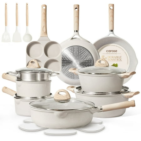 Carote Nonstick Cookware Set 21-Piece,Kitchen Pots and Pans Set,Stay-Cool Handles, Induction Compatible,Cookware Set for RV and Camping,Beige