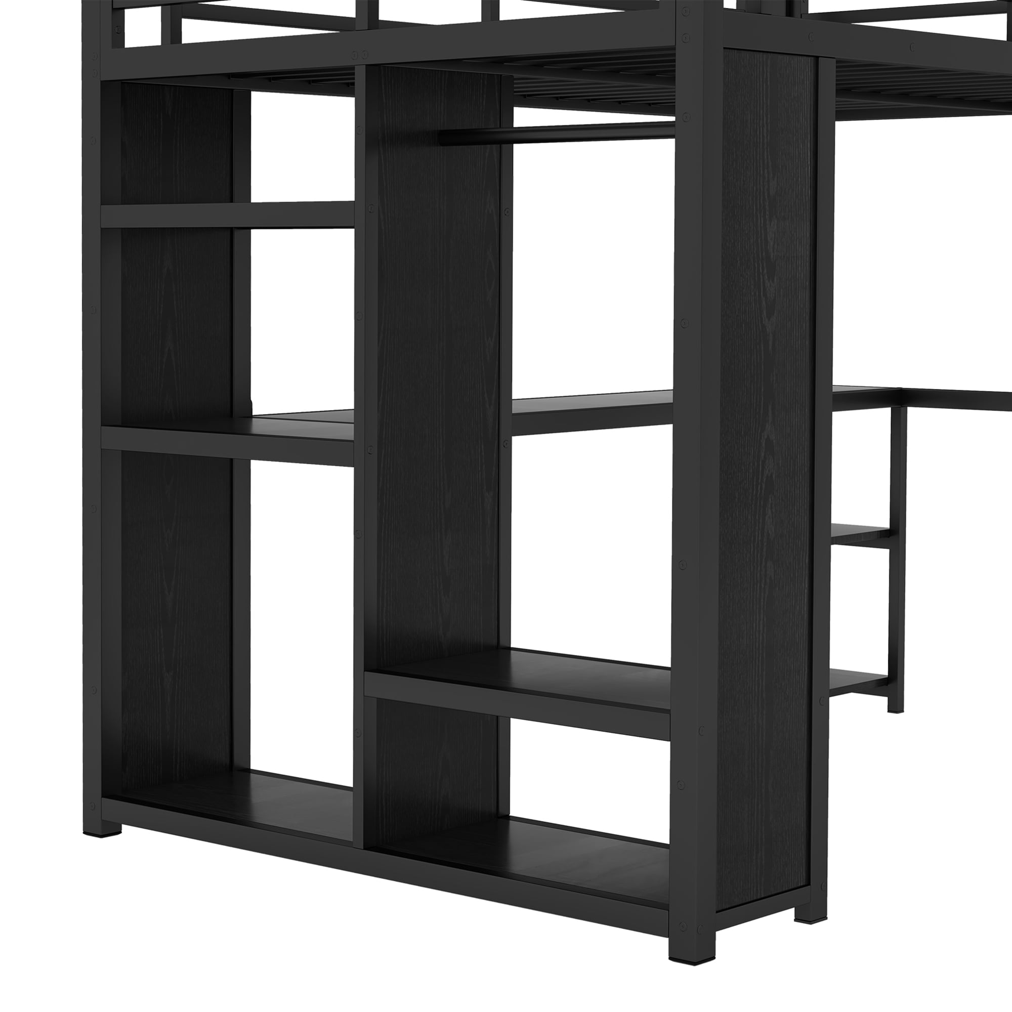 HOQBN Loft Bed Full Size with Built-in Wardrob,Metal Loft Bed Frame with Desk and Storage Shelves,Black