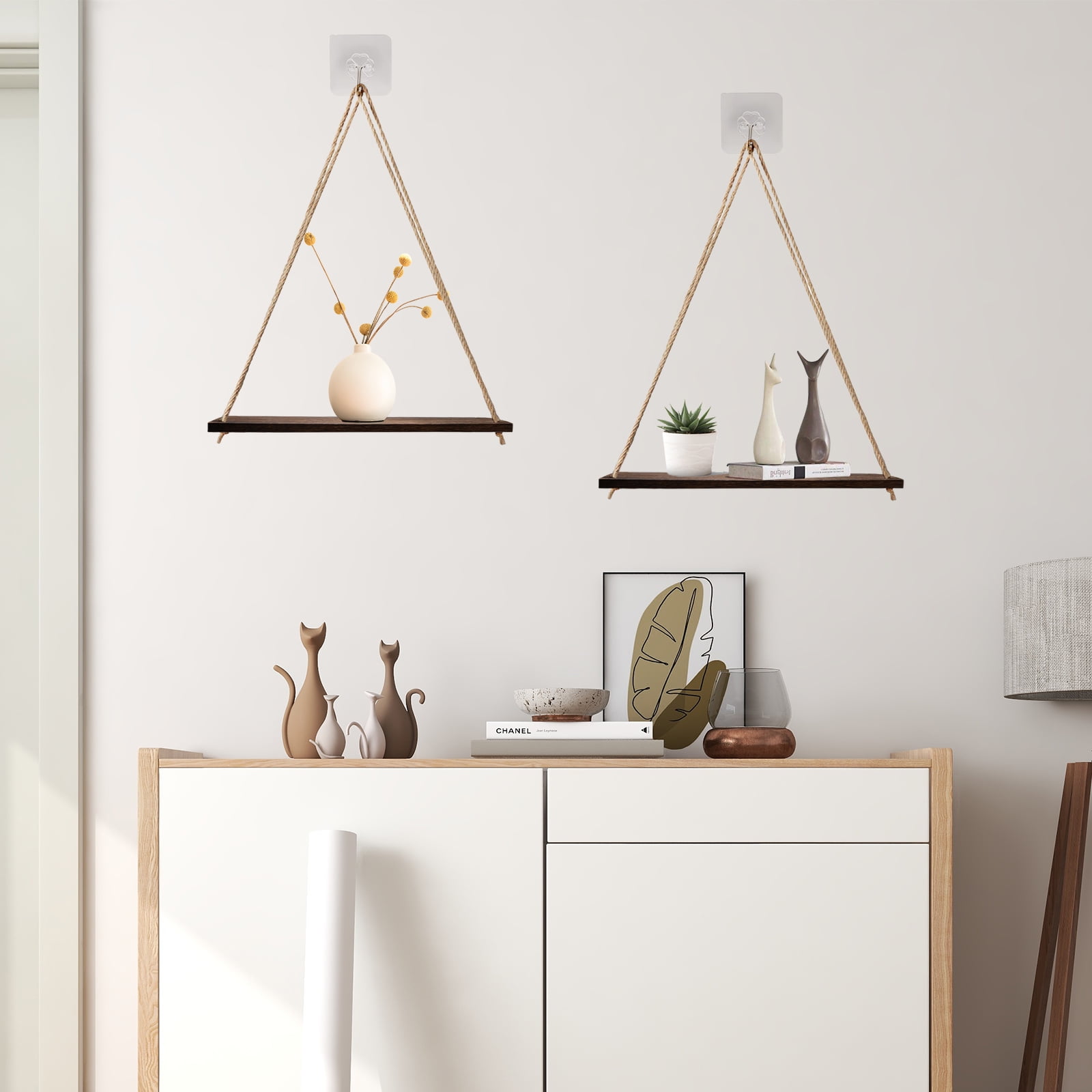 Set of 2 Wood Hanging Shelves for Wall, Wall Hanging Shelf, Window Plant shelves, Wood Floating Shelves Window Hanging Plant Triangle Rope Shelf Rustic for Living Room Bedroom Bathroom Kitchen