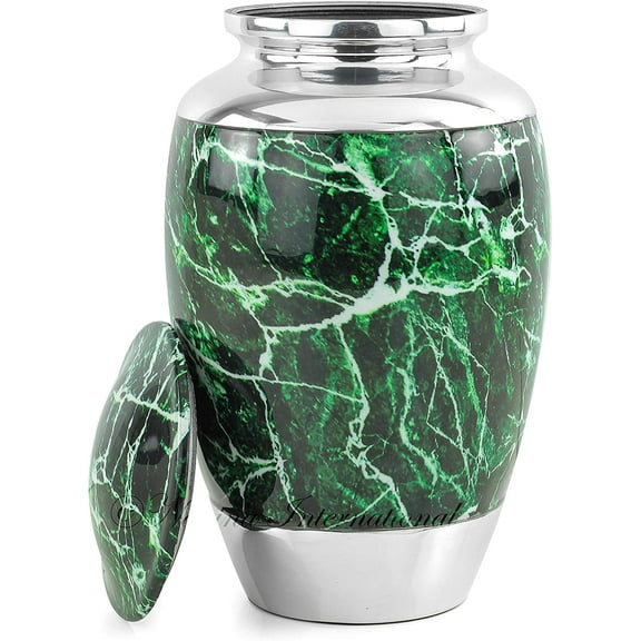 10" Aluminum Metal Cremation Urn for Cremated Human Ash Remains Storage | Beautiful Artwork Printed Funeral Pot & Cremation Jar (Nickel Green Marble)