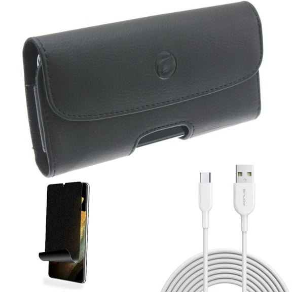 Case Belt Clip & 6ft USB-C Cable & Privacy Screen Protector for Samsung Galaxy S22 Plus (S22 ) - Combo Leather Holster Cover & Type-C Fast Charger Cord & TPU Film (Fingerprint) Anti-Peep