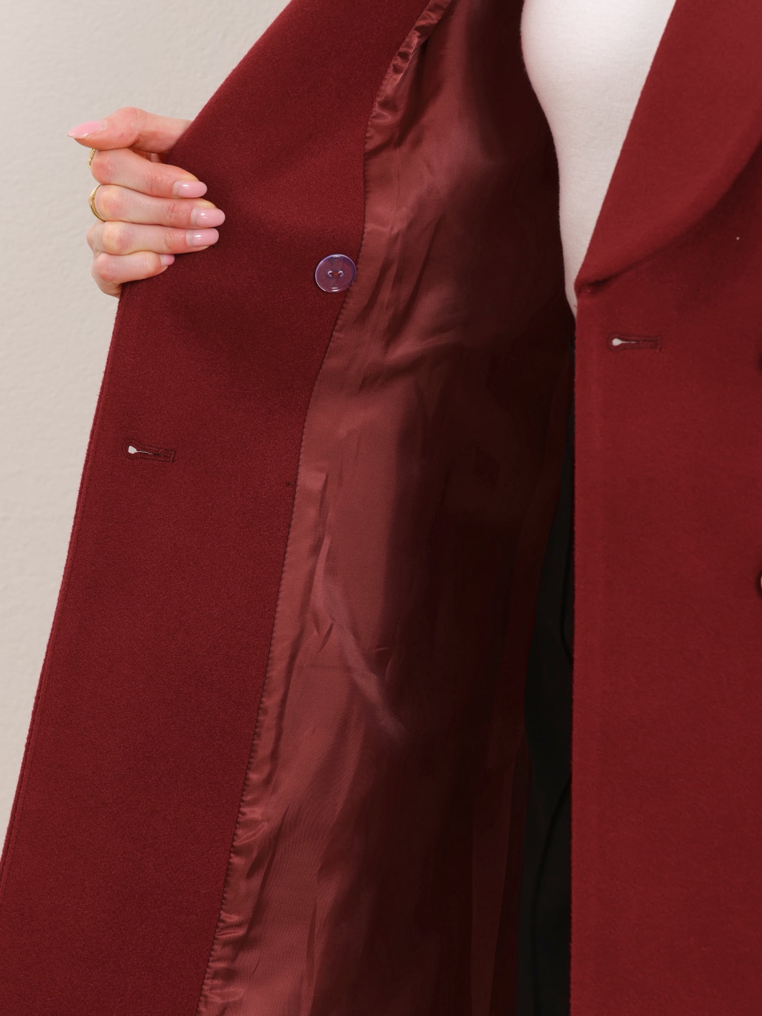 DARING DIVA Women's Double Breasted Shawl Collar Long Coat With Pockets XS Burgundy