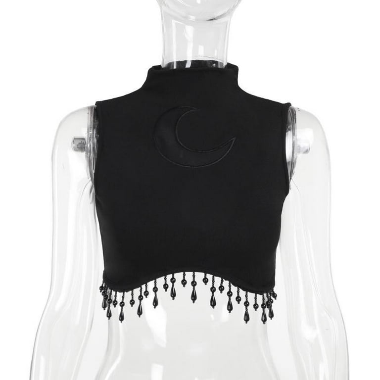 Goth Cyber Y2K Skinny Turtleneck Tank Top Sexy Moon Chain