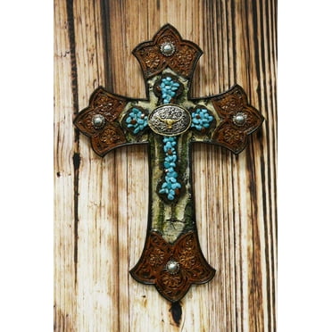 Ebros Gift Rustic Western Ornate Fleur De Lis Golden Tooled Wall Cross Decor Plaque Vintage Design Hanging Sculpture 12" High Catholic Christian Accent Decorative Crosses (Turquoise & Longhorn Bull)
