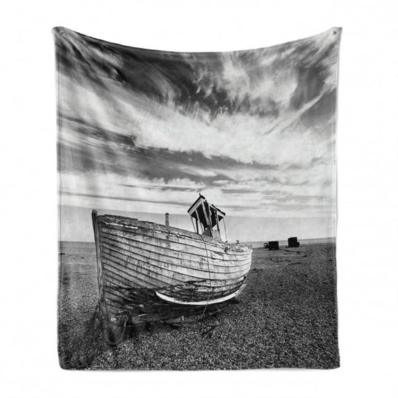 Shipwreck Soft Flannel Fleece Throw Blanket, Picture of a Dated Wooden Boat on Rocky Beach and Stormy Clouds in the Sky Air Image, Cozy Plush for Indoor and Outdoor Use, 70" x 90", Grey, by Ambesonne