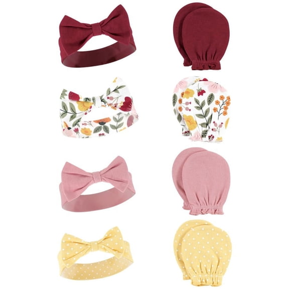 Hudson Baby Infant Girl Cotton Headband and Scratch Mitten Set, Fall Botanical, 0-6 Months