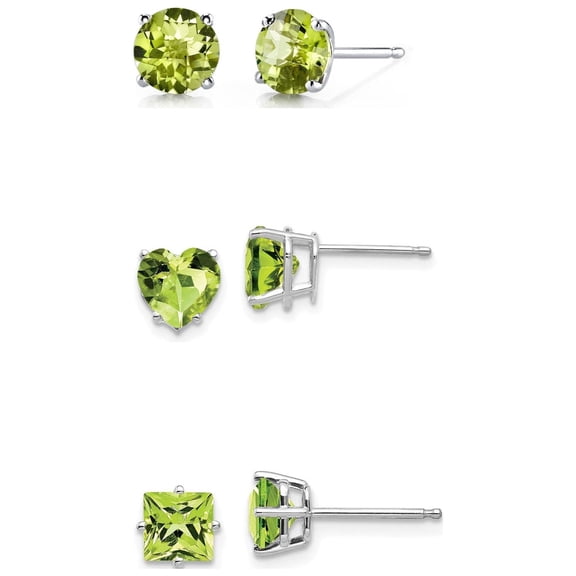 Paris Jewelry 18k White Gold 4Ct Created Peridot 3 Pair Round, Square and Heart Stud Earrings Plated