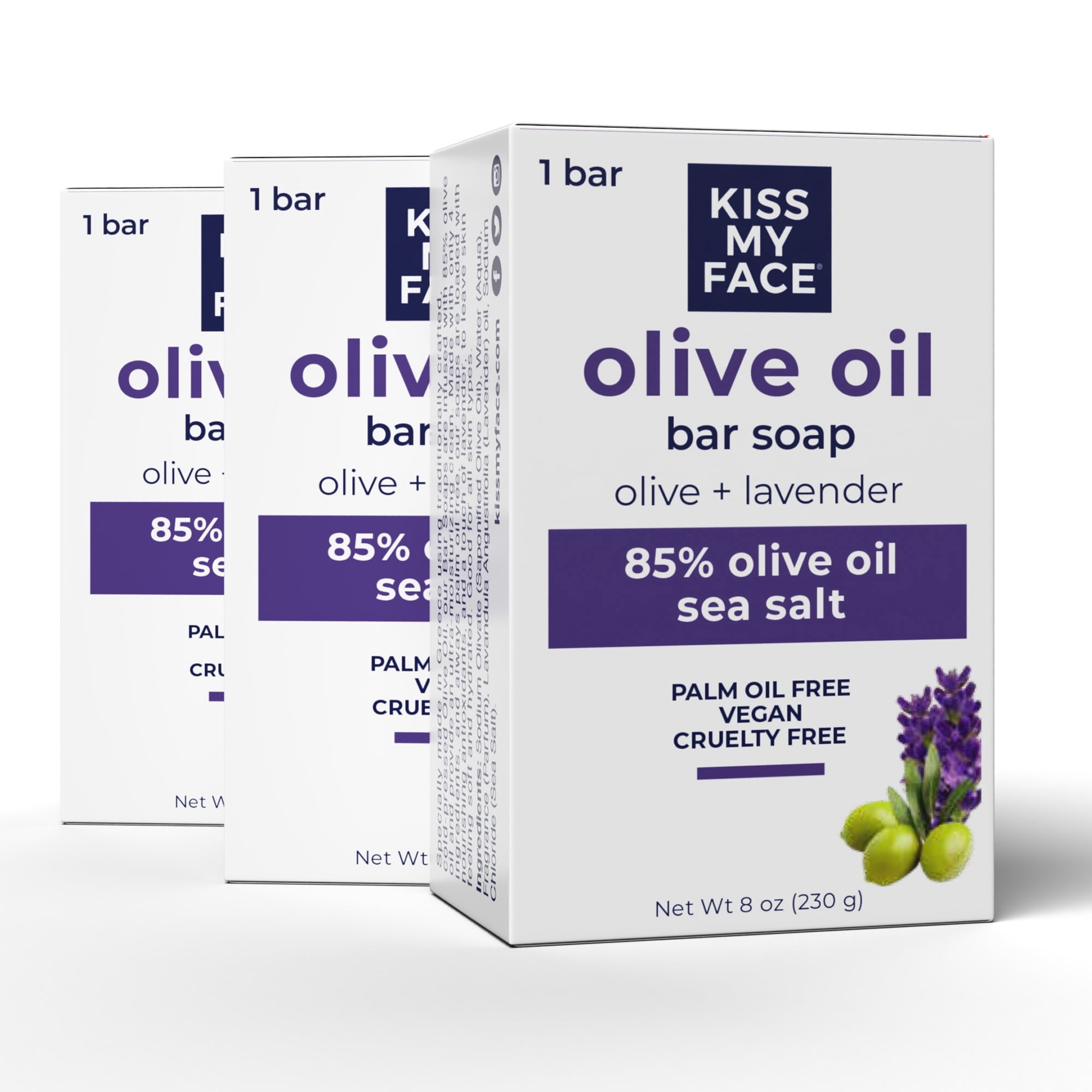 Kiss My Face Olive Oil and Lavender Bar Soap, Lavender Scent, Moisturizing Soap for Sensitive Skin, Vegan & Cruelty-Free, 86% Olive Oil, 8oz, 3-Pack