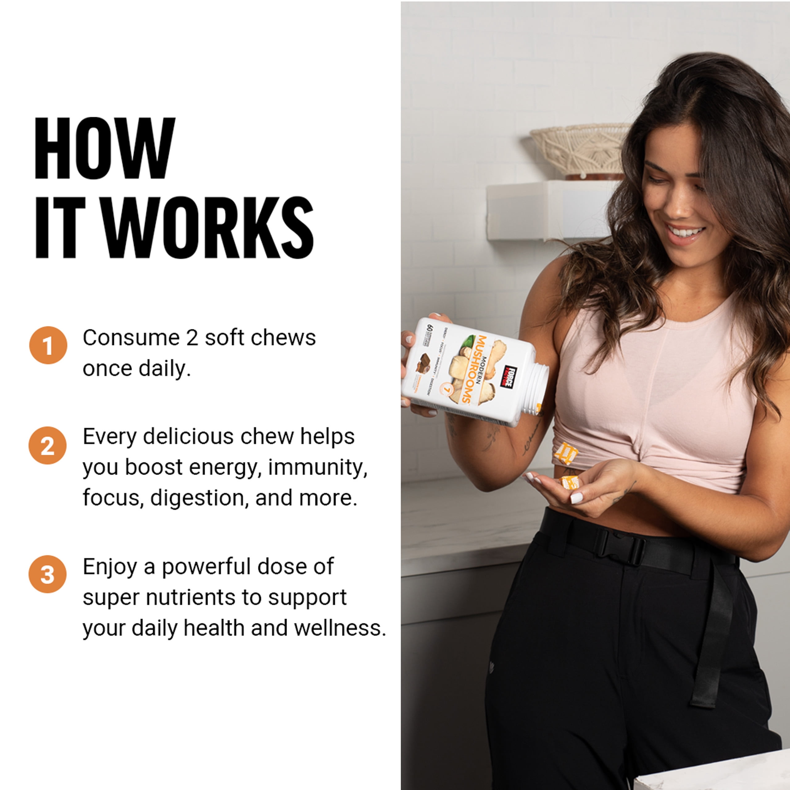 Force Factor Modern Mushrooms, Mushroom Supplement, Lion’s Mane, Cordyceps & Reishi for Energy Support, Focus, Digestion, Cinnamon Roll, 60 Soft Chews