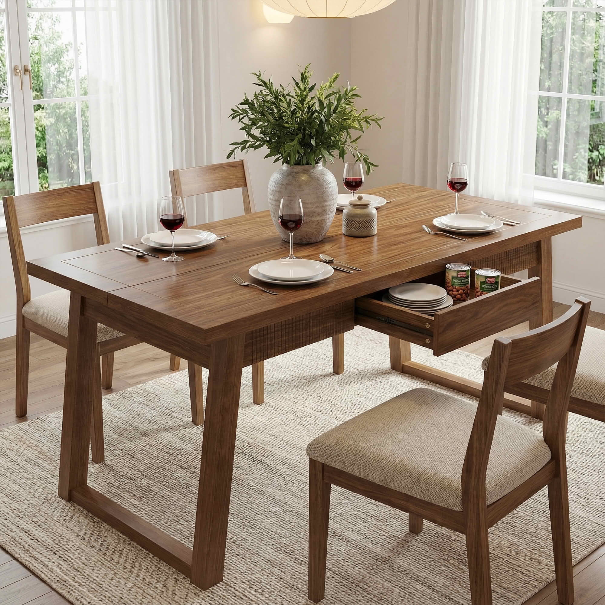 MAYEERTY 55 Inch Rectangular Dining Table with Drawer, Mid Century Modern Kitchen Table with Solid Wood Legs for 4 to 6 People