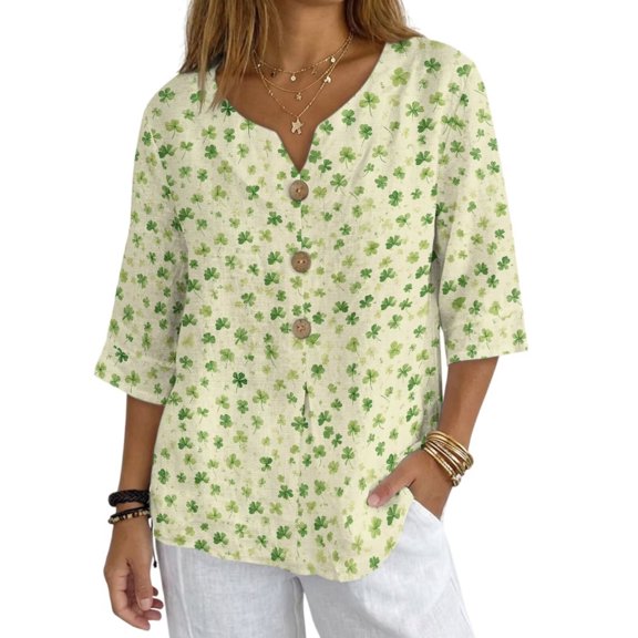 Xoenoiee Shamrock Green Print Women Linen Shirt Button Down Shirt Casual V Neck Blouses for Women 3/4 Sleeve Oversized Linen Tops for Spring Summer, 2X-Large