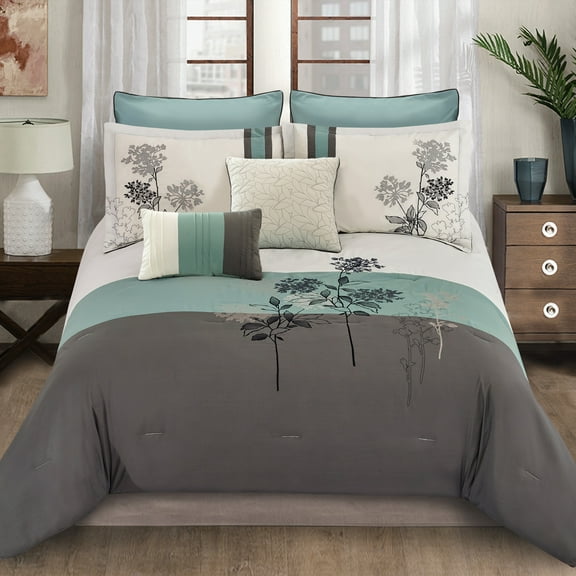 Riverbrook Home 8pc Comforter Set, Queen, Soft Teal, Emilie, Embroidered & Pieced, Polyfil