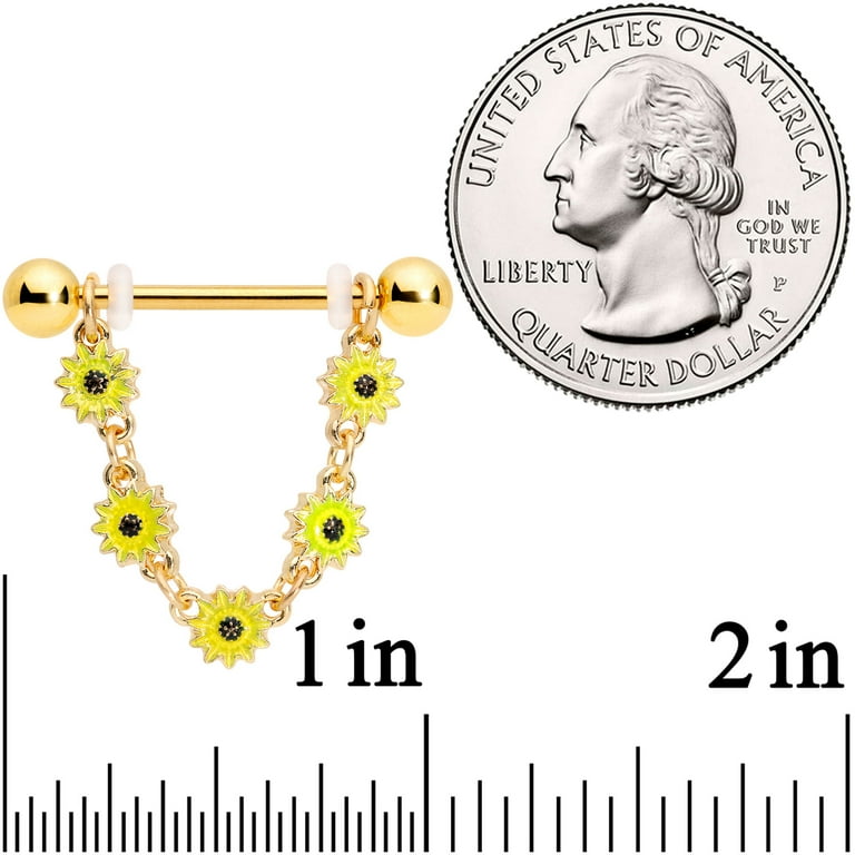 Body Candy 14G Womens Nipplerings Piercing PVD Steel 2Pc Yellow Sunflower Dangle Nipple Ring Set 3 4
