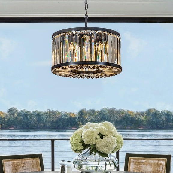 4-Light Modern Black And Round Lantern Drum Chandelier With Wrought Iron Crystal Accents