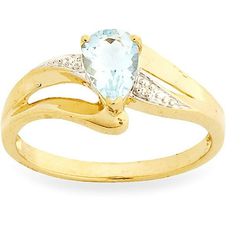 Simply Gold Gemstone 7x5mm Pear-Shaped Aquamarine and Diamond Accents 10kt Yellow Gold Ring, Size 7