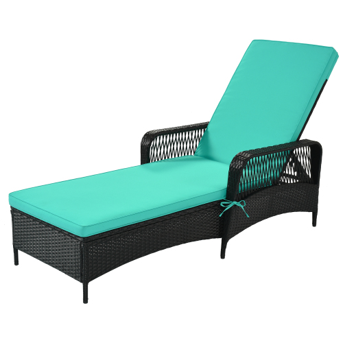 Patio Chaise Lounge Chair, Outdoor Patio Pool PE Rattan Wicker Chair Wicker Sun Lounger, Adjustable backrest, Green Cushion, Black Wicker (1 Sets) - image 2 of 7