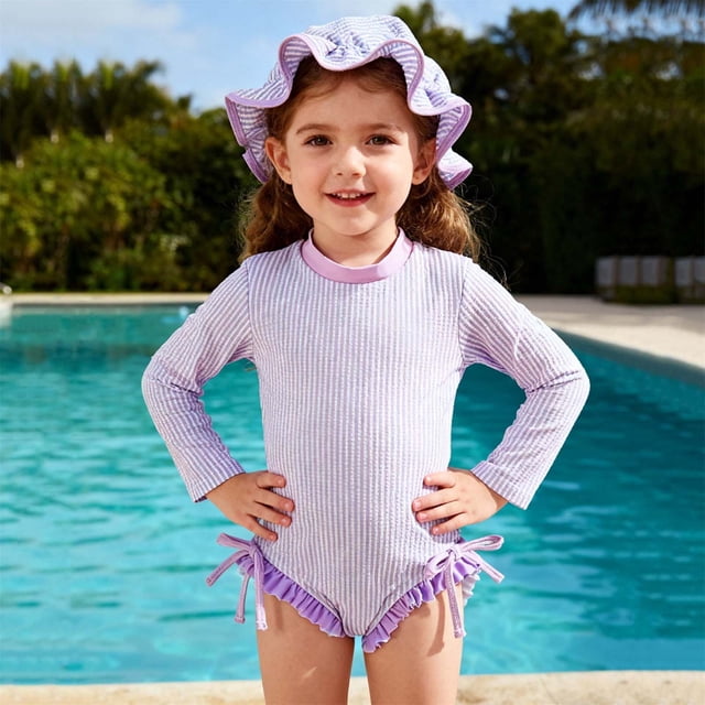 Odeerbi 0-3 Años Niñas Traje de Baño de Manga Larga A Rayas de Una Sola Pieza de Protección Contra Erupciones Con Sombrero Solar Upf 50 + Protección Solar Traje de Baño En Seco Rápido