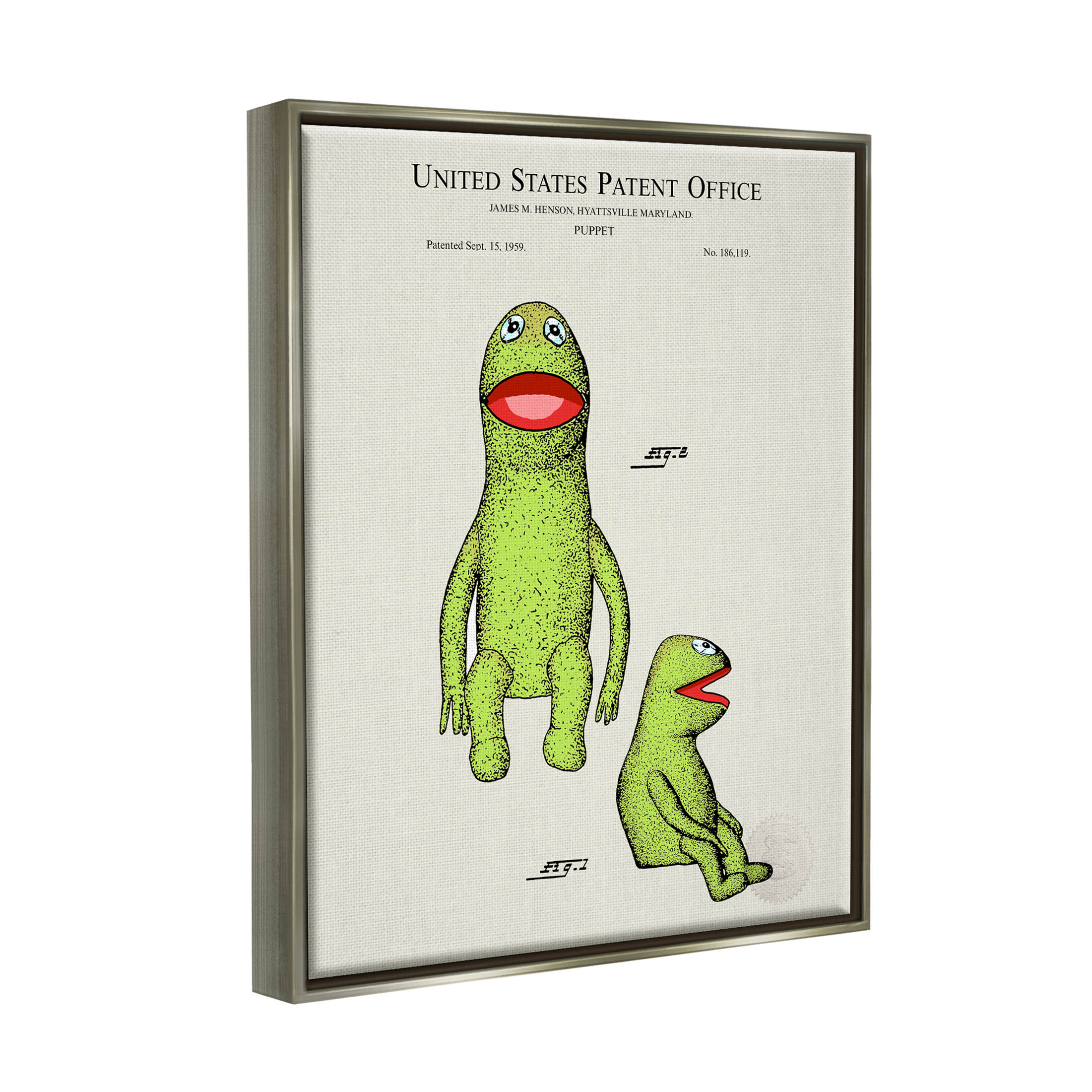 Stupell Industries Antique Frog Character Patent Graphic Art Luster Gray Floating Framed Canvas Print Wall Art, Design by Karl Hronek