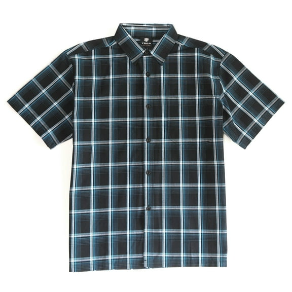 YAGO Men's Casual Plaid Short Sleeve Woven Button Down Shirt Black A45F (Large)