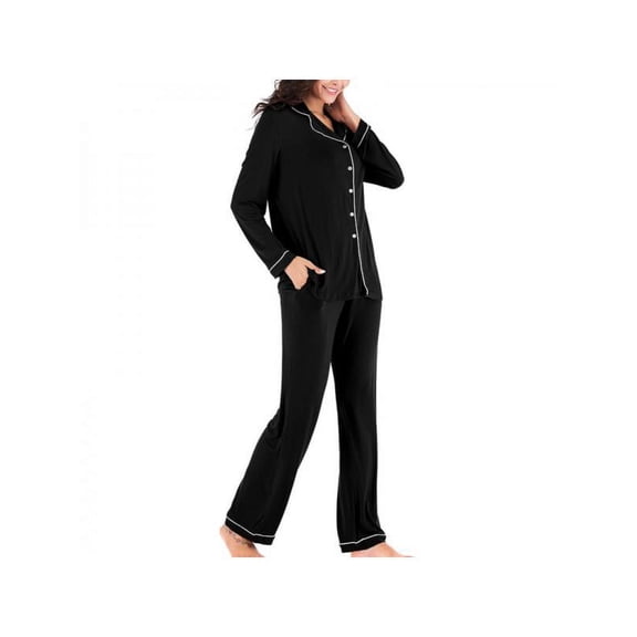 2 Piece Women's V-neck Long Sleeve Trousers With Pocket Button-up Sleepwear Pajamas Suit