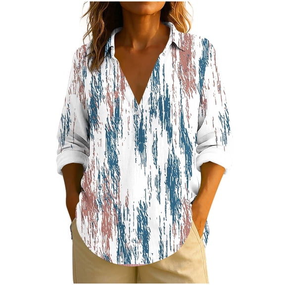 Sexlip Casual Printed T-shirt Long Sleeve Lapel Button Comfortable Top Stylish and Fashionable for Daily Wear Home Work Relaxation Women’s Apparel White M