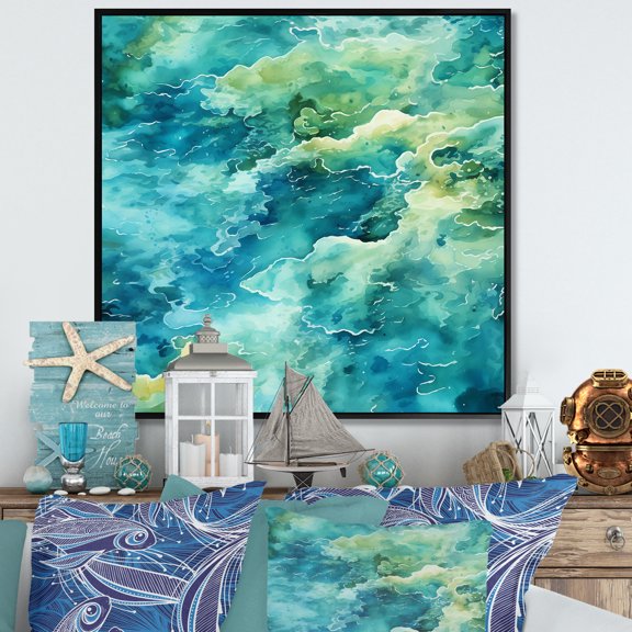 Designart "Peaceful Tide Pools in Green II" Coastal Framed Wall Art - Blue Coastal Minimalism Bedroom Framed Canvas Wall Art