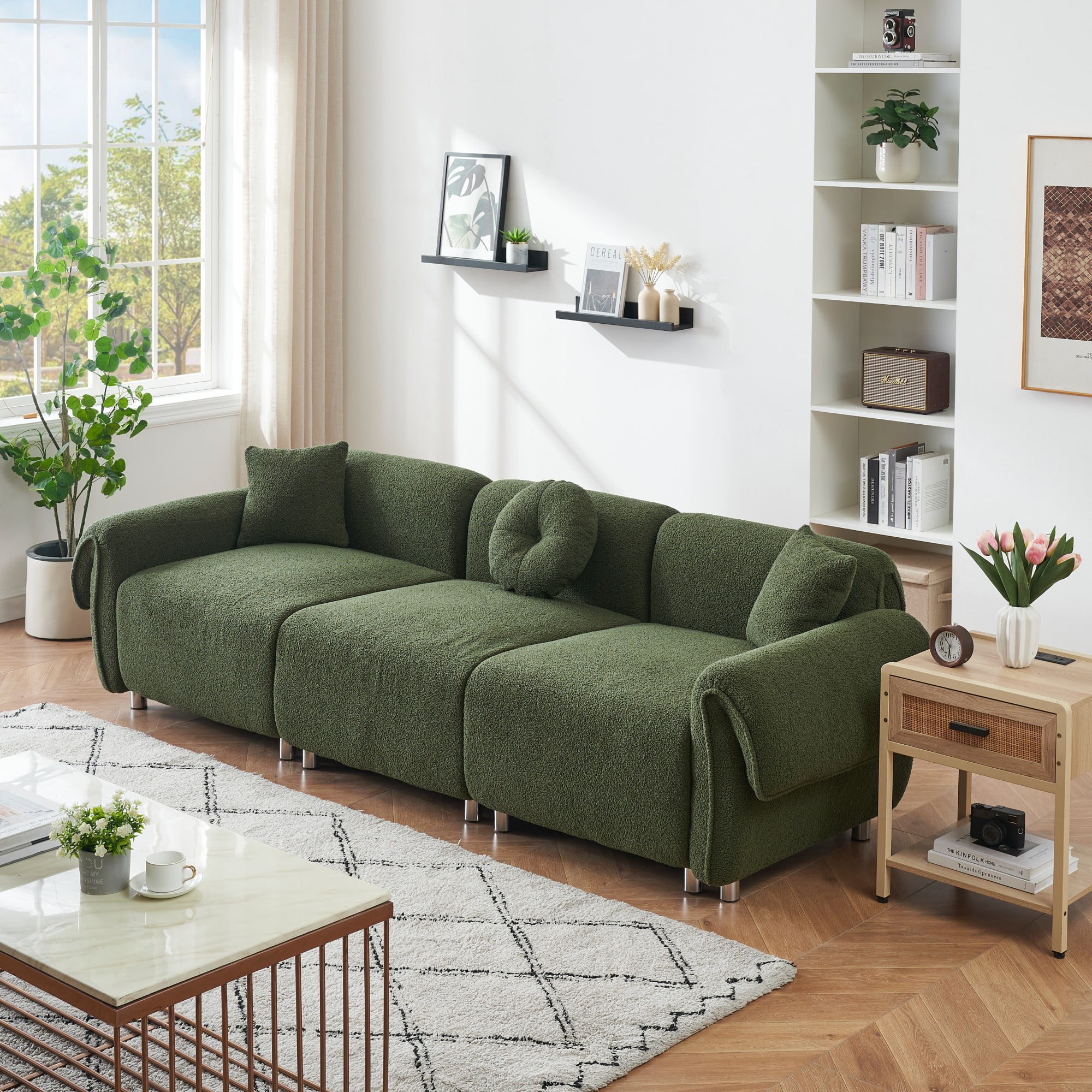 Sectional Sofa,3 Seat Sofa Couch Set with 3 Throw Pillows,112 inch Sofa Couch with Teddy Velvet Fabric for Living Room,Apartment,Green