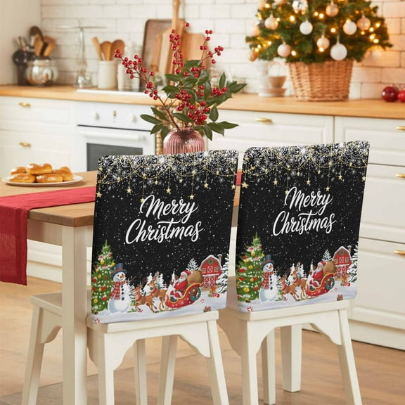 Merry Christmas Chair Covers Set of 4 Black Santa Claus Snowman Pine Tree Snow Farm Chair Back Covers Stretch Removable Washable Slipcovers Protector for Dining Room Kitchen Party Decor