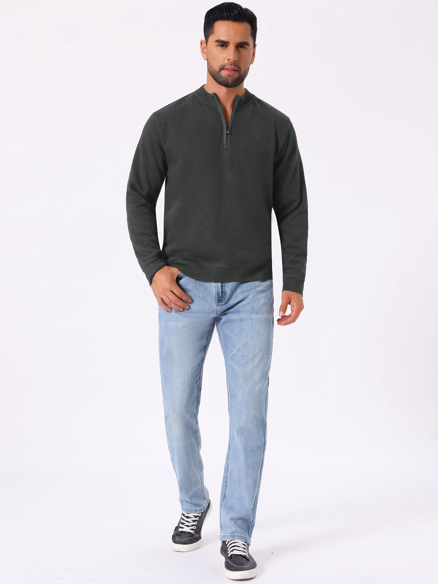 DARING DIVA Men's Mock Neck Pullover Quarter Zip Knitted Polo Sweater M Dark Gray