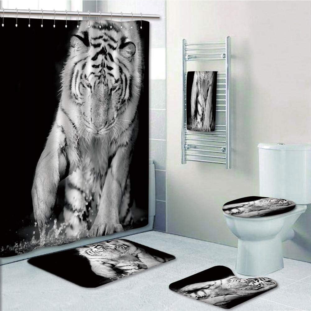 White Tiger Bathroom Shower Curtain Toilet Seat Cover & Rugs Set