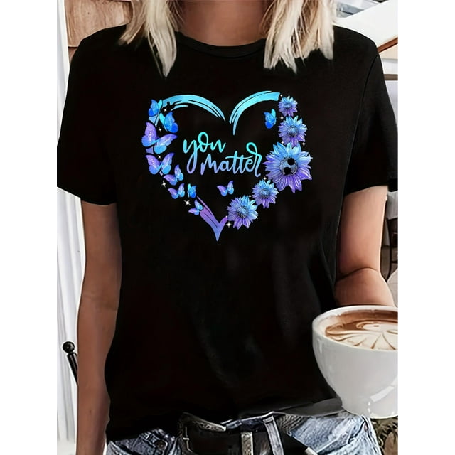 Camiseta De Mujer Camiseta De Verano Para Mujer Para Viajes En La Calle TrabajoLadies Novelty Blue Heart-shaped Sunflower Print Casual Short-sleeved Top, Comfortable Crew Neck Sport T-shirtFather's