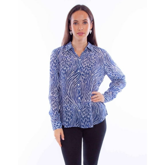 Scully HC886-BLU-S Womens Animal Print Rayon Long Sleeve Blouse, Blue - Small