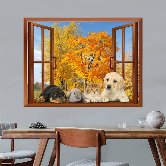 wall26 - Dogs, Rabbit and a Cat Lying on The Windowsill with Golden Leaves in The Background | Removable Wall Sticker/Wall Mural - 36"x48"