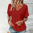 thumbnail image 2 of Penkiiy Womens Summer Eyelet Tops Trendy Criss Cross V Neck Solid Color Shirts Casual Short Sleeve Soft Elegant Tees Tunics XL Red, 2 of 8