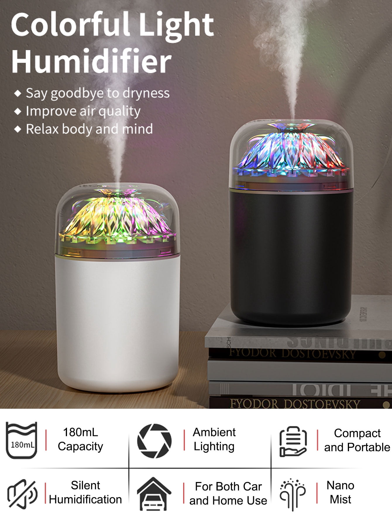 JELLOO 180mL Personal Desktop Cool Mist Humidifier, Colorful LED Night Light