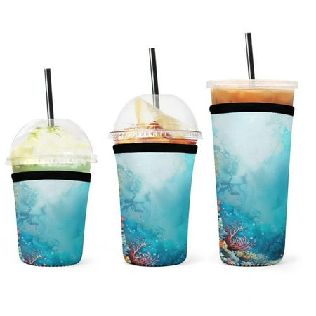 

Set of 3 Packs Reusable Hot And Iced Coffee Cup Sleeve Neoprene Tumbler Sleeve Watercolor Coral Reef (6)(16 24 32oz)