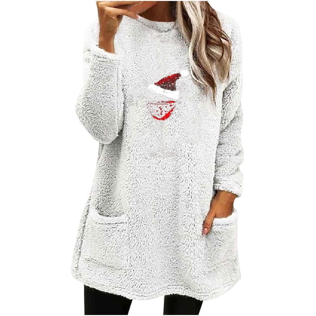 Pisexur Chandails de Noël pour Femmes en Molleton Doux à Manches Longues Col Rond Chandail Imprimé Verre de Vin Rouge de Noël chandail d'Hiver Chaud Épaissi avec Poches