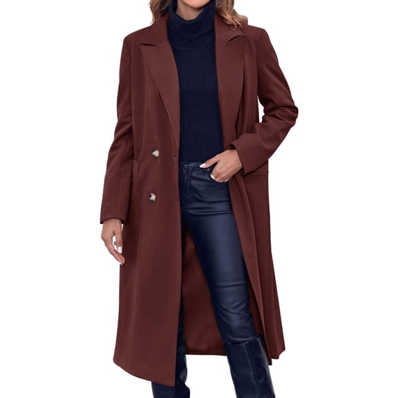 Fall Winter Women Solid Color Long Sleeve Double Breasted Casual Lapel Long Trench Coat