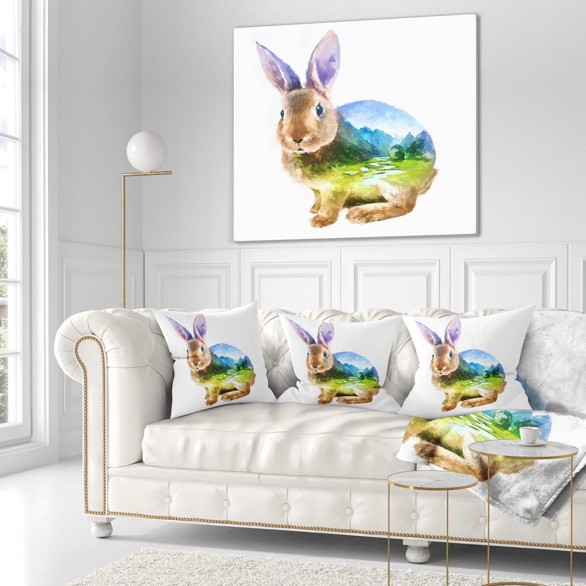 Designart Rabbit Double Exposure Illustration - Animal Throw Pillow - 18x18