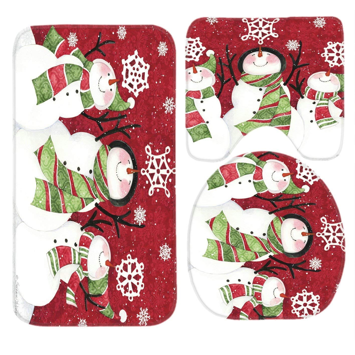 GOHAO Three Snowman 3 Piece Bathroom Rugs Set Bath Rug Contour Mat and Toilet Lid Cover