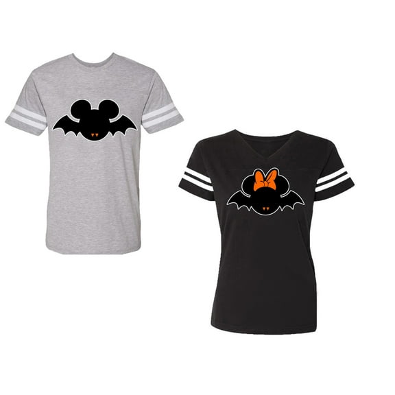 Halloween Bat Unisex Couple Matching Cotton Jersey style T-Shirt Contrasting stripes on sleeves (Men Heather / Women Black) (Men S / Women S)