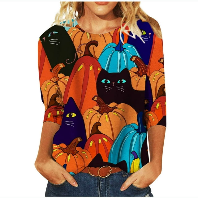Hauts pour Femmes Habillés Décontractés 2023 Impression Halloween Pull Col Rond Manches 3/4 T-Shirt Hauts Costumes Halloween pour Femmes en Solde