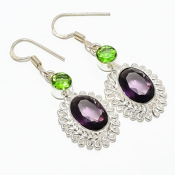 Amethyst & Peridot 925 Sterling Silver Earring 1.95", Amethyst Earring, Drop Dangle Earring, Purple Earring, Gift for her, Elegant Earring, Gemstone E